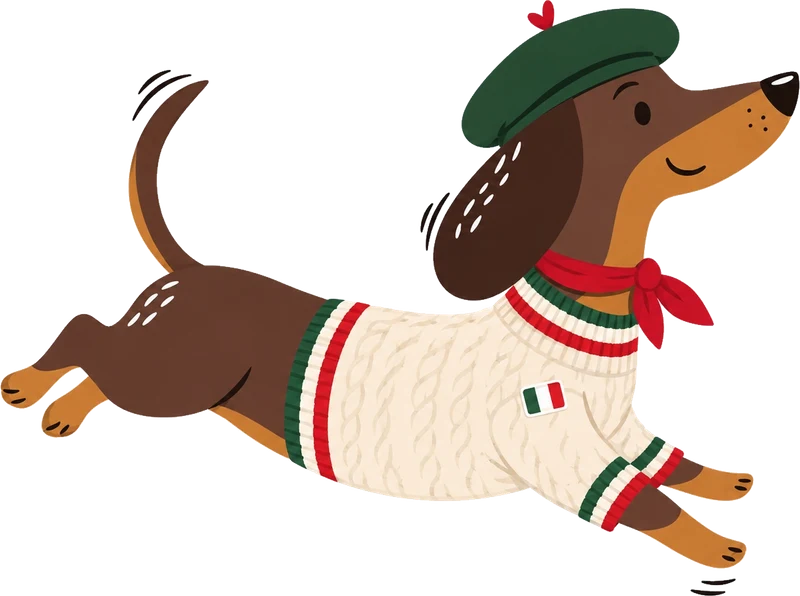 Mascote salsicha de boina verde e suéter italiano pulando de alegria