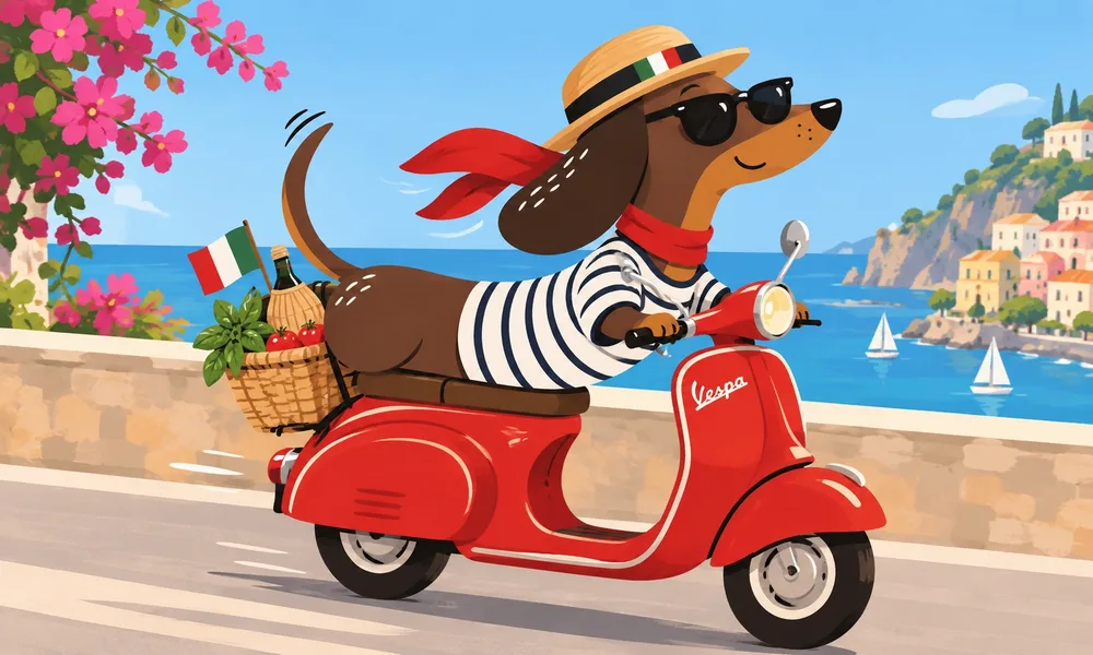 Mascote salsicha de óculos escuros passeando de Vespa vermelha pela costa italiana