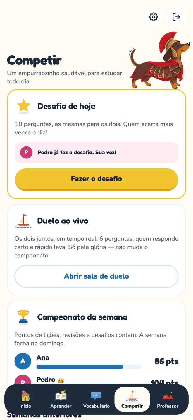 Tela Competir com o desafio do dia e o campeonato da semana